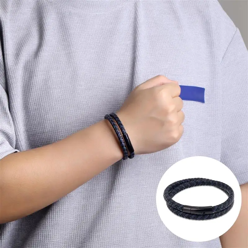 

Fashion Male Bangle Double Layer Vintage Steel Buckle Geometric Braided Leather Bracelet Men Women Fashion Birthday Gift