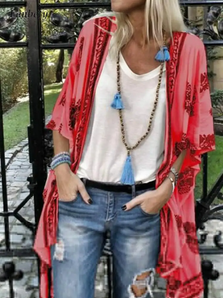 

Vintage Pattern Print Scarf Collar Cardigan Tops Women Casual Loose Long Beach Blouse Female Spring Summer Long Sleeve Blouses