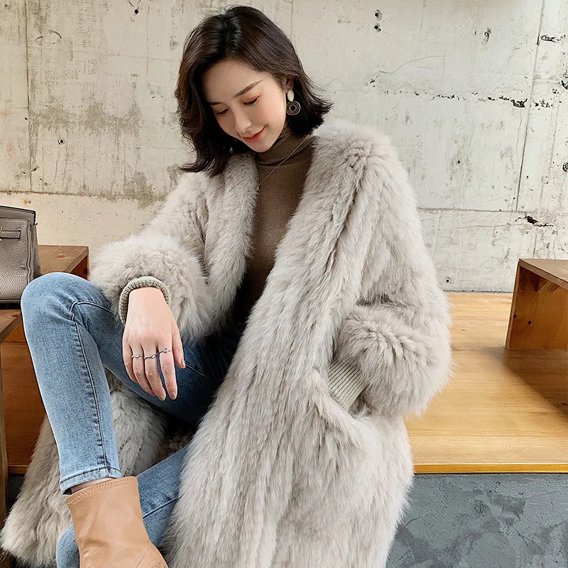 Vintage Real Fox Fur Double Side Knitted Long Coat Women Natural Fue Bat Sleeve Loose Jacket Female Thick Warm Overcoat Milk Tea