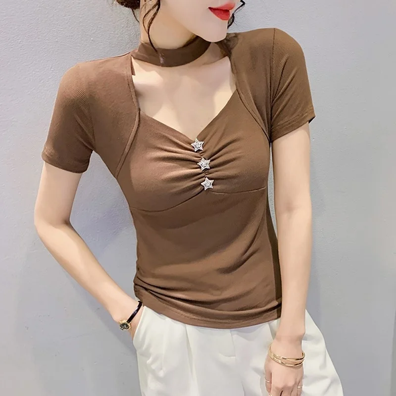 

#6124 Summer Black Pink Brown Short Sleeve T Shirt Women Square Collar Sexy Skinny T Shirt Femme Buttons Womens Tshirt Cotton