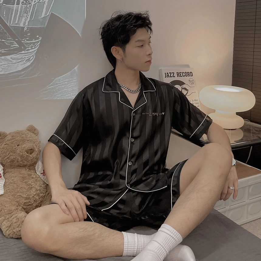 CAIYIER Summer Solid Color Stripe Couple Pajamas Set Cardigan Short Sleeve Shorts Sleepwear Casual Women Men Silk Soft Nightwear