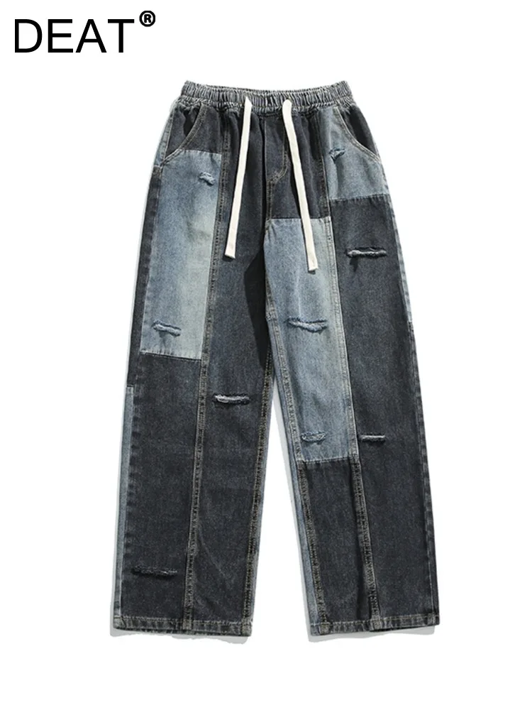 

DEAT Women Jeans Elastic Waist Contrast Color Patchwork Asymmetric Straight Wide Leg Denim Pants 2023 Autumn New Fashion 29L3015
