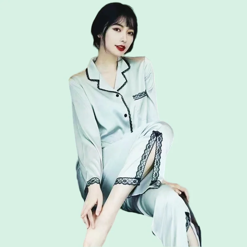 Vintage Women's Pajamas Set Artificial Silk Homewear Flower Print Pajamas Women Sweet Full-Sleeve Fashion Cozy Pyjamas Big Size