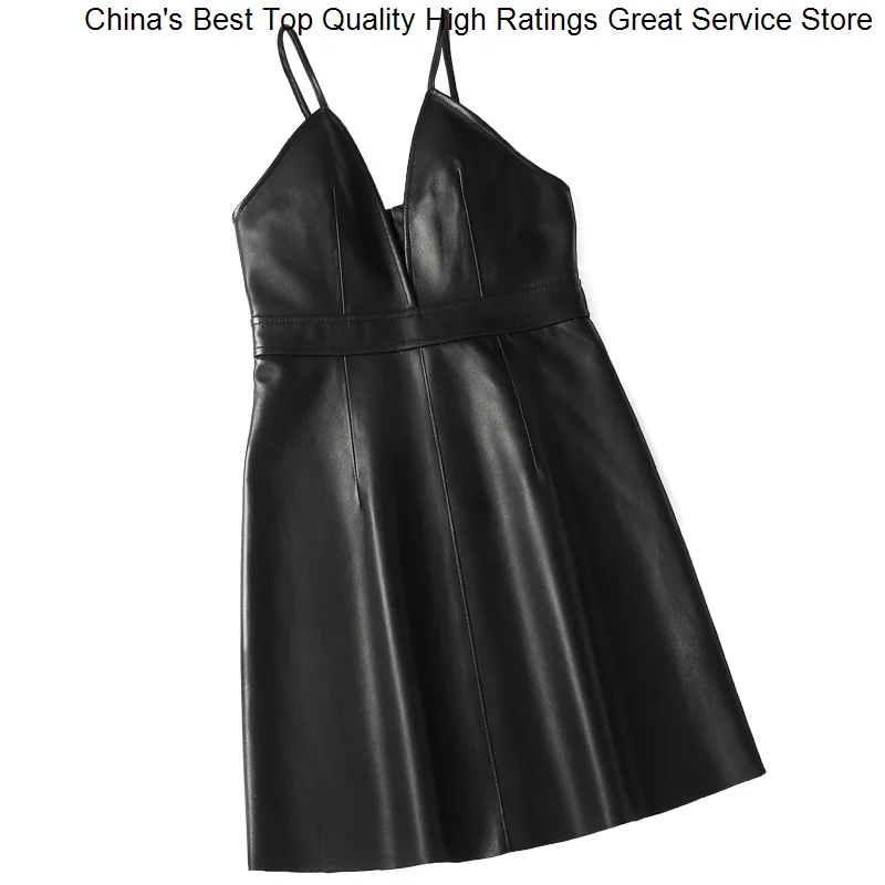 

Woman Genuine Sexy Club Hwitex Party Dress Lady Camisole Trench Leather Skirt Women Vestido De Mujer HW3073