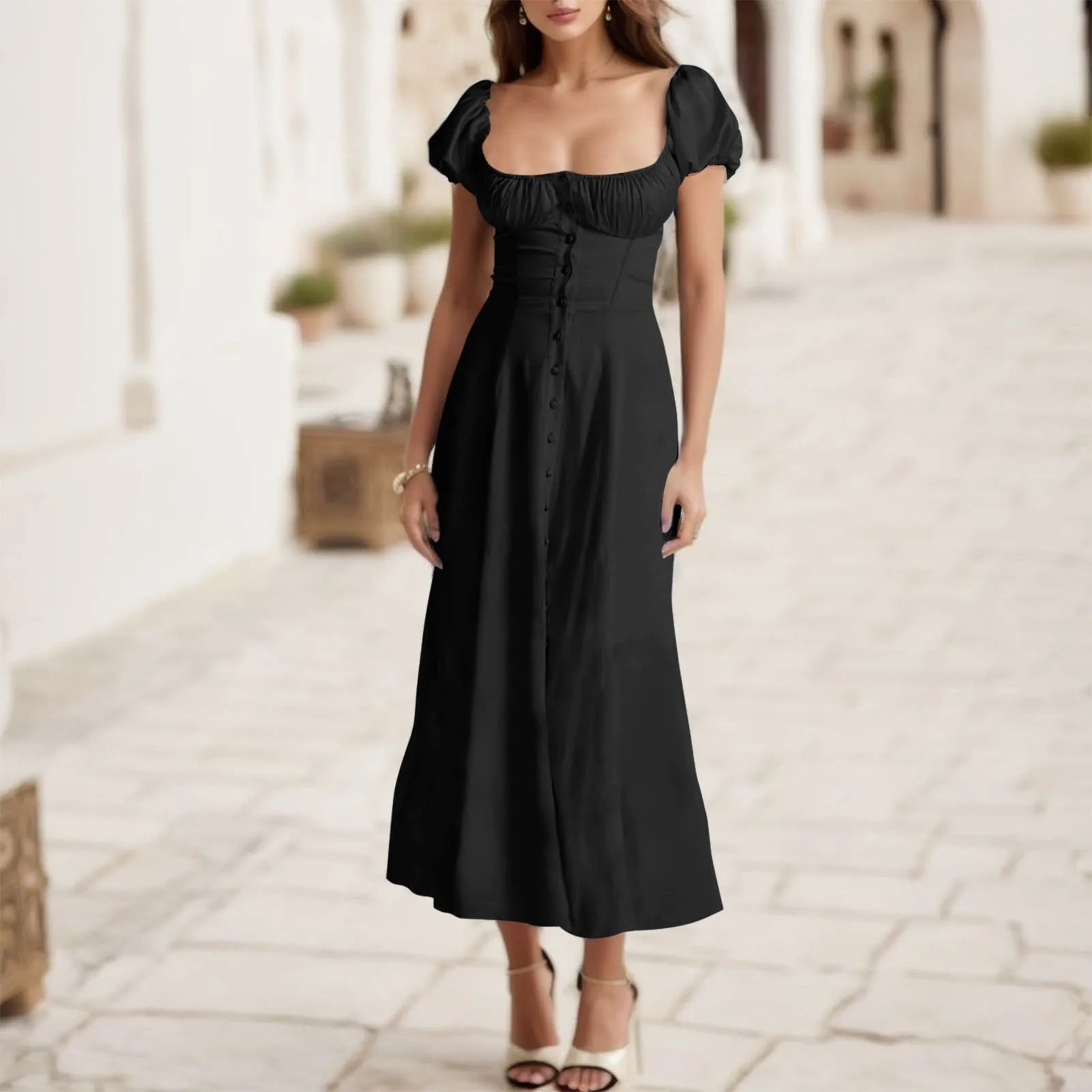 

Женское длинное платье-макси на пуговицах, с коротким рукавом