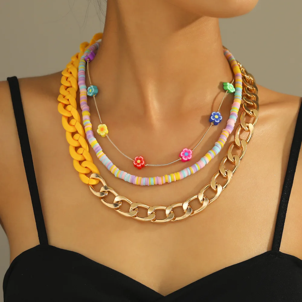 

Bohemian Colorful Beads Soft Pottery Flower Pendant Necklace Women Charm Colorful Handmade Layered Choker Necklace Jewelry Gift