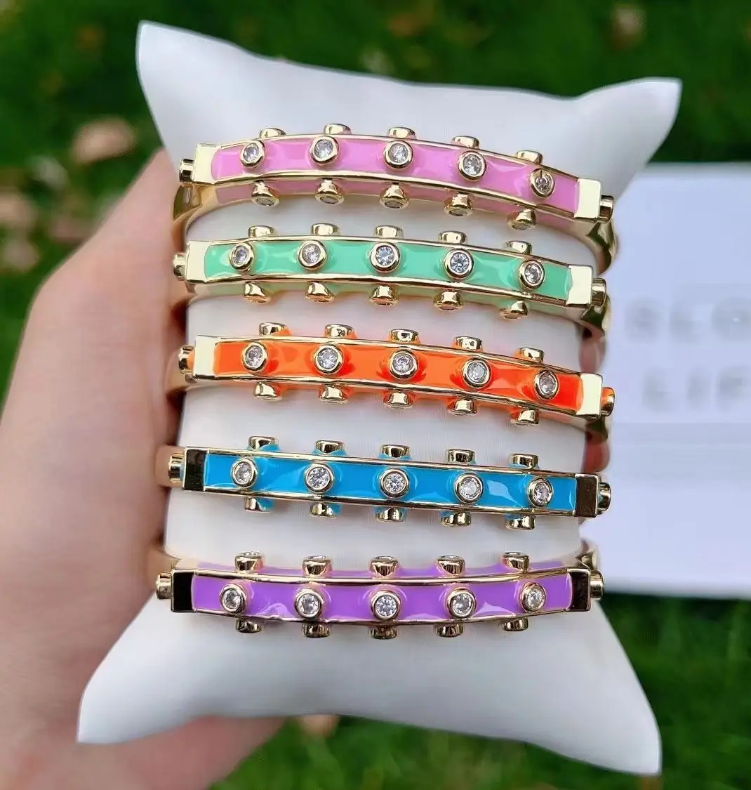 

3Pcs Dainty Colorful Enamel CZ Cuff Bangle For Women Bohemia Gold Luxury Charm Enamel Bangle For Women Jewelry
