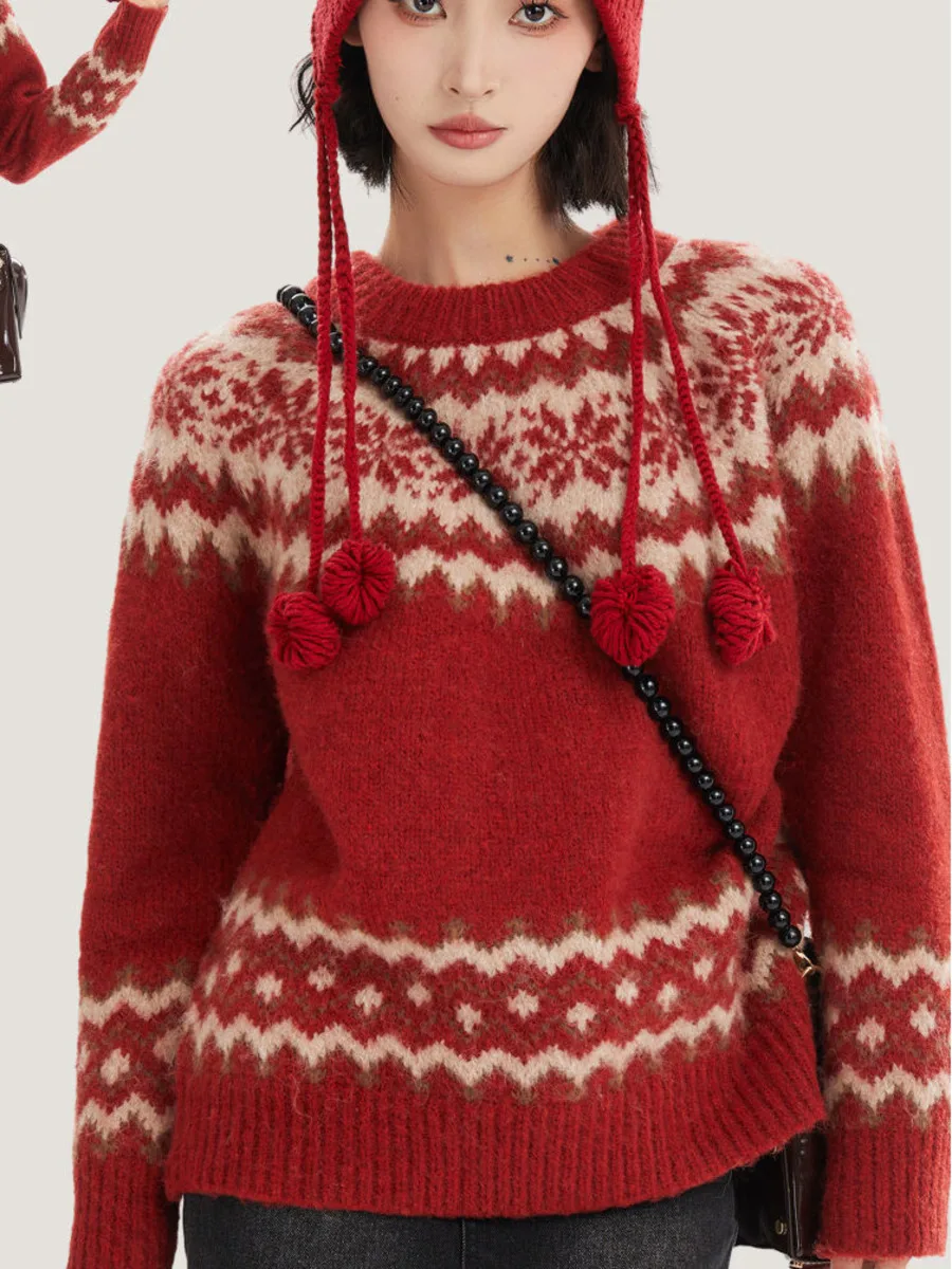 Рождественский новогодний красный пуловер женский свитер в стиле ретро Y2K