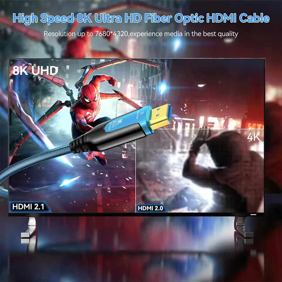 Фото Бронированный оптоволоконный кабель HDMI 2.1 8K 5/10/20/30/50 м, 8K@60 Гц, 4K@120 Гц, 48 Гбит/с, HDR, eARC для телевизора/проектора/PS5/Apple TV, домашнего кинотеатра №4