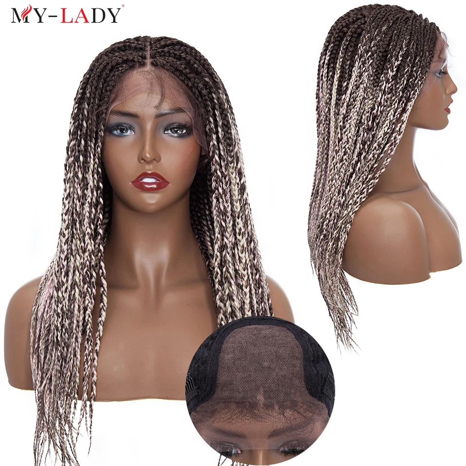 My-Lady Synthetic 25inches Lace Front Box Braiding Wig Frontal Brazilian For Black Woman Long Straight Blonde Hair Braided Wigs