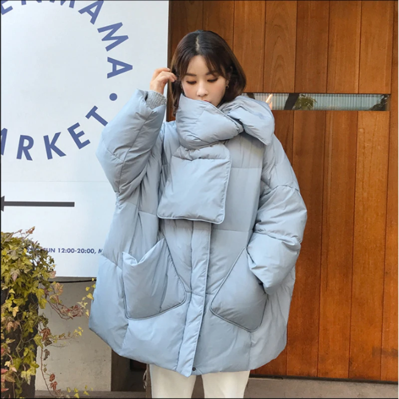 

2022 Winter Fashion Jacket Women Solid With Scarf Warm Female 90%White Duck Down Jacket Coat Loose Oversized Womens Down Parka