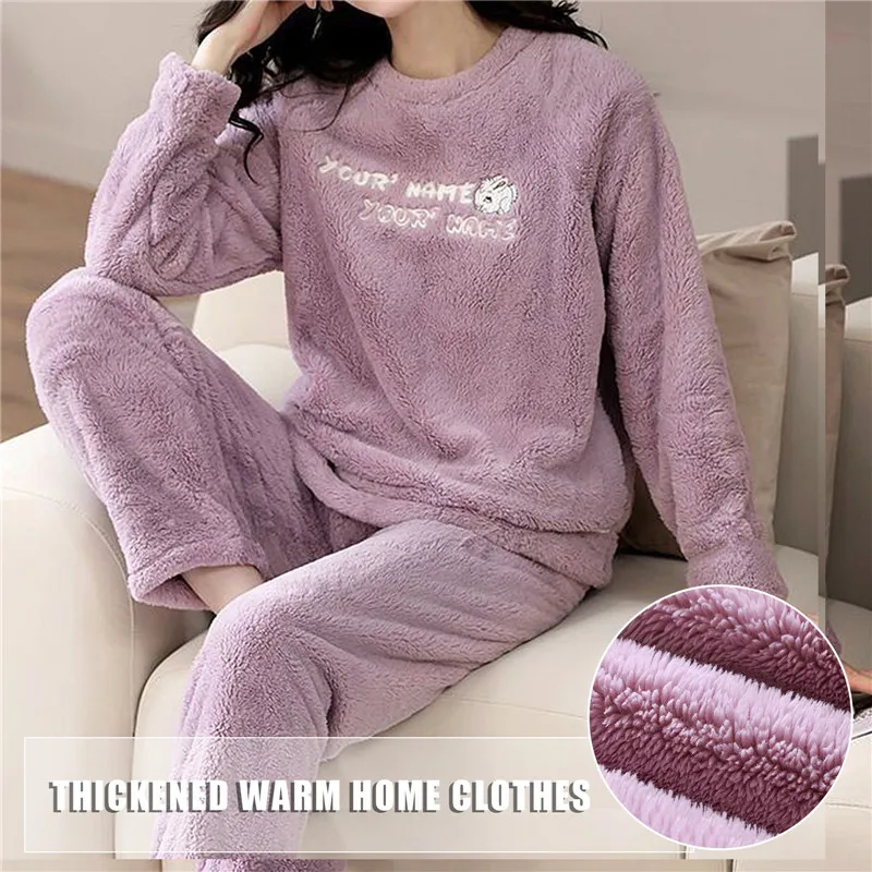 Free Shipping Winter Thickened Warm Woolen Pajamas Set Women'S Long Sleeved Cute Flannel Cartoon Home Clothes Suit