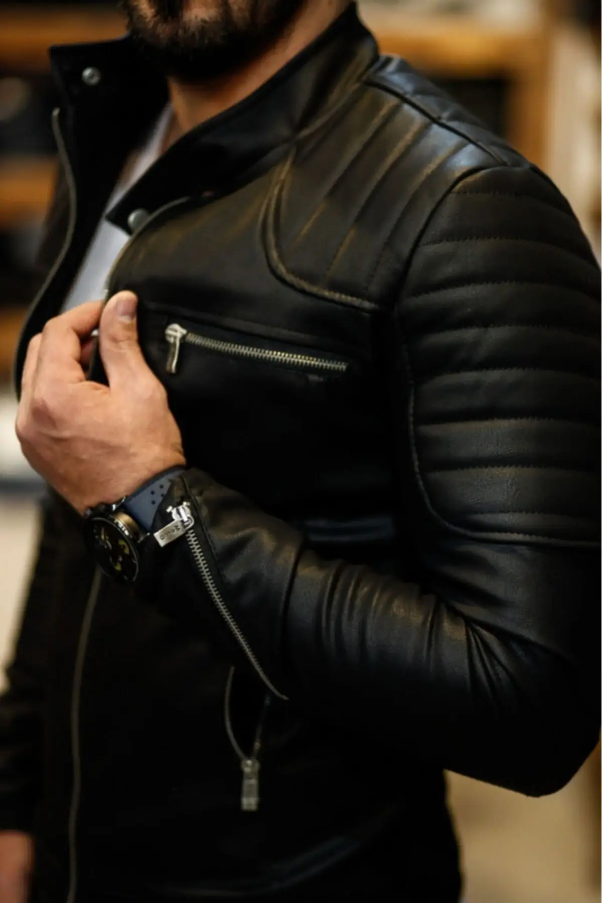 Men's Black Leather Coat Jacket With Inner Pocket Shoulder Stripe Model New Season