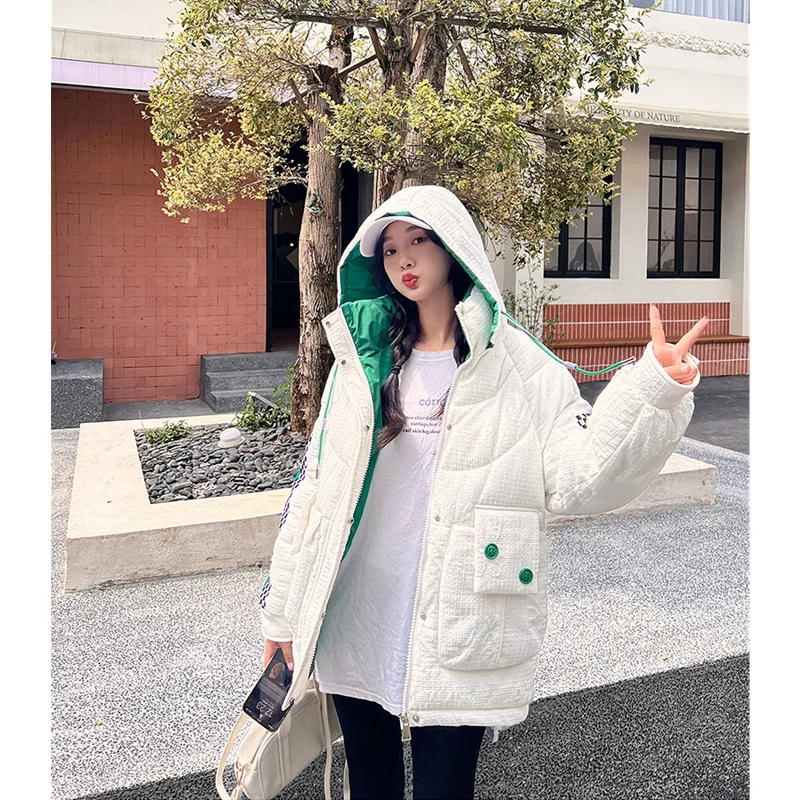 

Women White Down Jacket Hooded Splicing Color Contrast Fashion Thickening Warm Feather Female Puffer Duck Down Winter Outwear