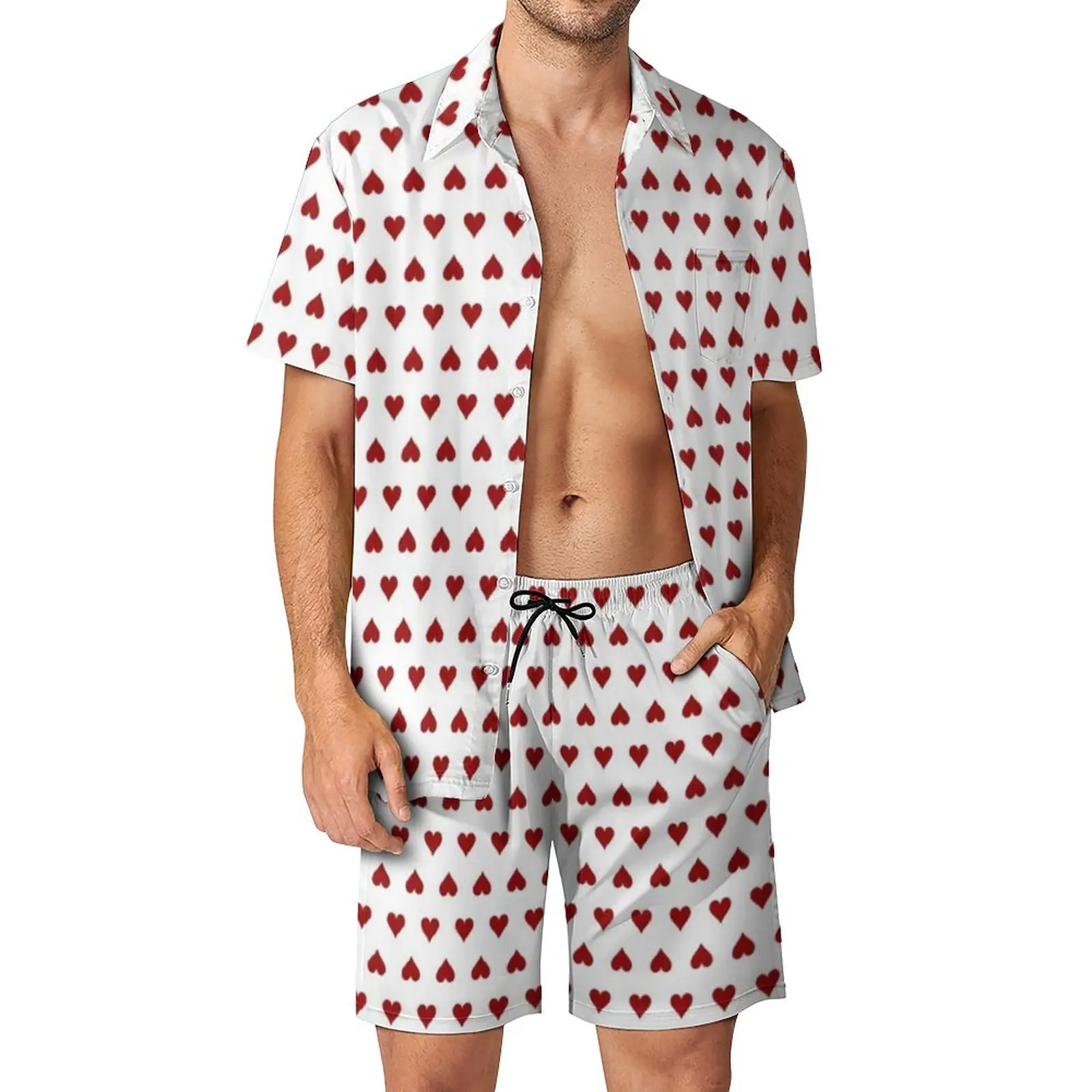 

Мужские пляжные комплекты, красная модель, Повседневная рубашка с принтом игральных карт, летние графические шорты, комплект из двух предметов, гавайский костюм большого размера