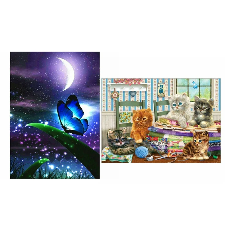 

2 комплекта 5D полноразмерная алмазная живопись, вышивка крестиком своими руками, домашний декор, кошка и луна, бабочка-искусство