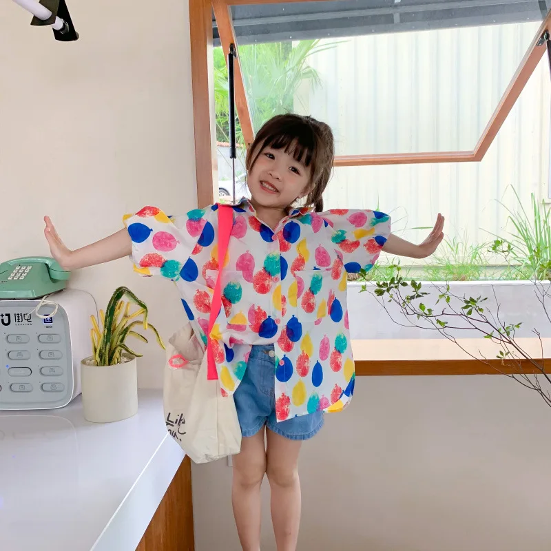 

Summer Fashion Girls Colorful Balloon Printing Long Style Shirts 2022 Puff Sleeve Loose Casual Short Sleeve Tops