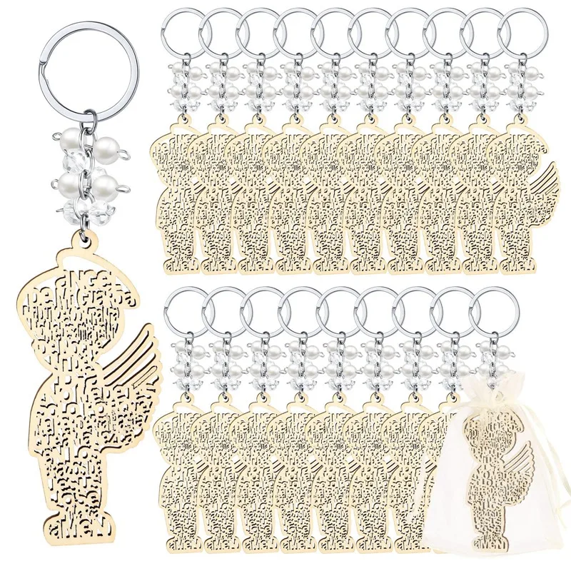 

Wooden Baptism Key Rings Angel Keychain Baby Shower Favor Baptismal Souvenirs Communion For Bridal Shower Baptism