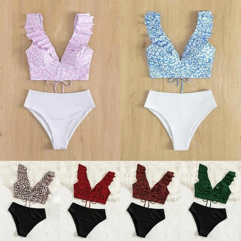 

Multi Color V Neck Flounce Bikini High Waist Triangle Beach