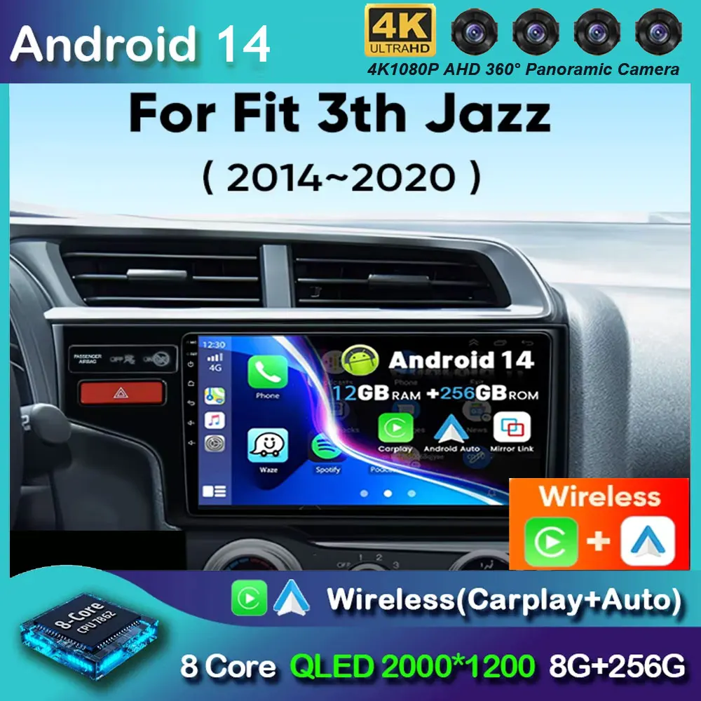 Автомобильный радиоприемник Android 14 для Honda Fit 3 Jazz Jeez 2014-2020 Стерео Мультимедийный