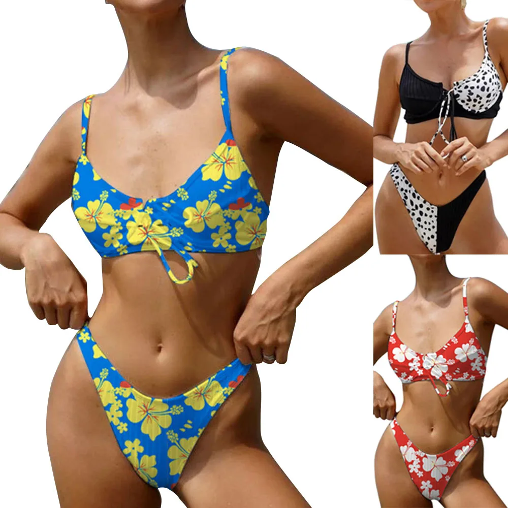 

Hot Patchwork Bikini Set Women Triangle Solid Split Swimsuit Push Up Bathing Suits New Beachwear Swimwear Bathing