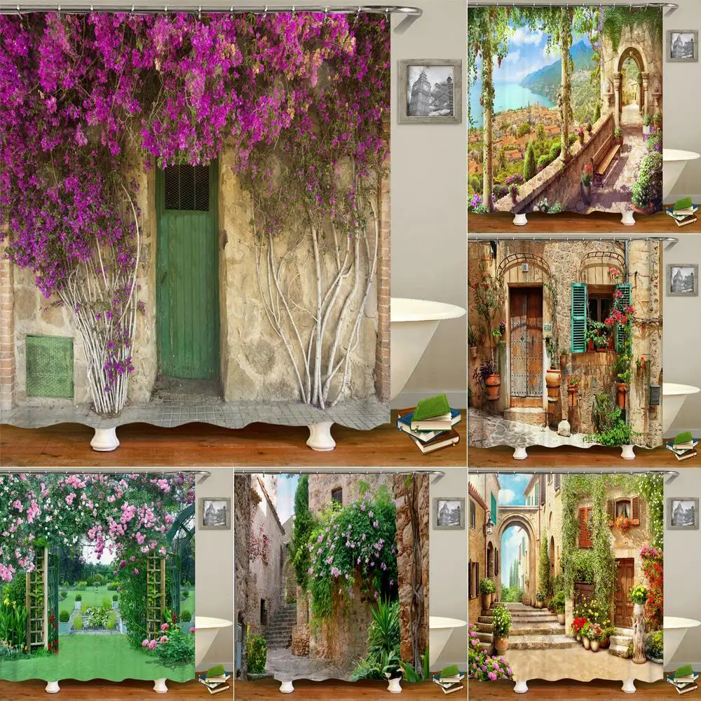 

Cortinas de ducha de paisaje floral pastoral rural, cortina de baño de tela 3D con ganchos, pantalla de baño impermeable