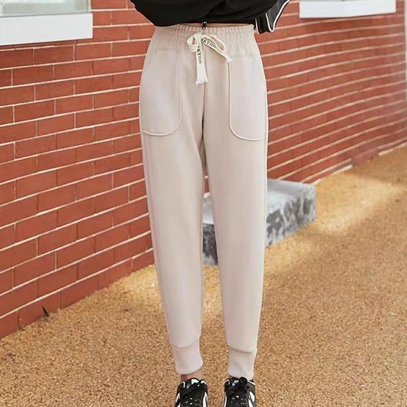 

Autumn Winter Solid Color Fashion Elastic Waist Haren Pants Women High Street Casual Loose Pocket Drawstring Thicken Trousers