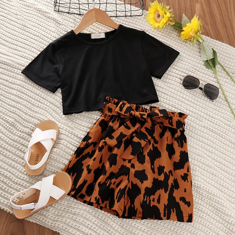 

LZH Baby Suit 2022 Summer New Fashion Kids Short-Sleeve Short-Top+Leopard Print Shorts Outfits For Girls Clothes Sets 5-12 Years
