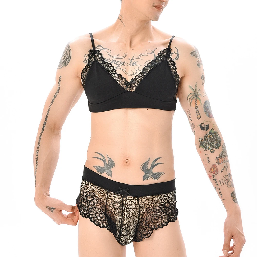 

Sissy Lingerie Set For Men Lace Bra Micro Shorts G-String Pouch Briefs Underwear Bikinis Set Two Pieces Hombre Nightwear 2022