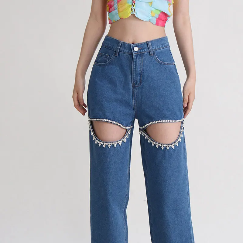 

High-waisted jeans women 2023 new diamond-studded bead design sense of niche hollow jeans loose straight trousers