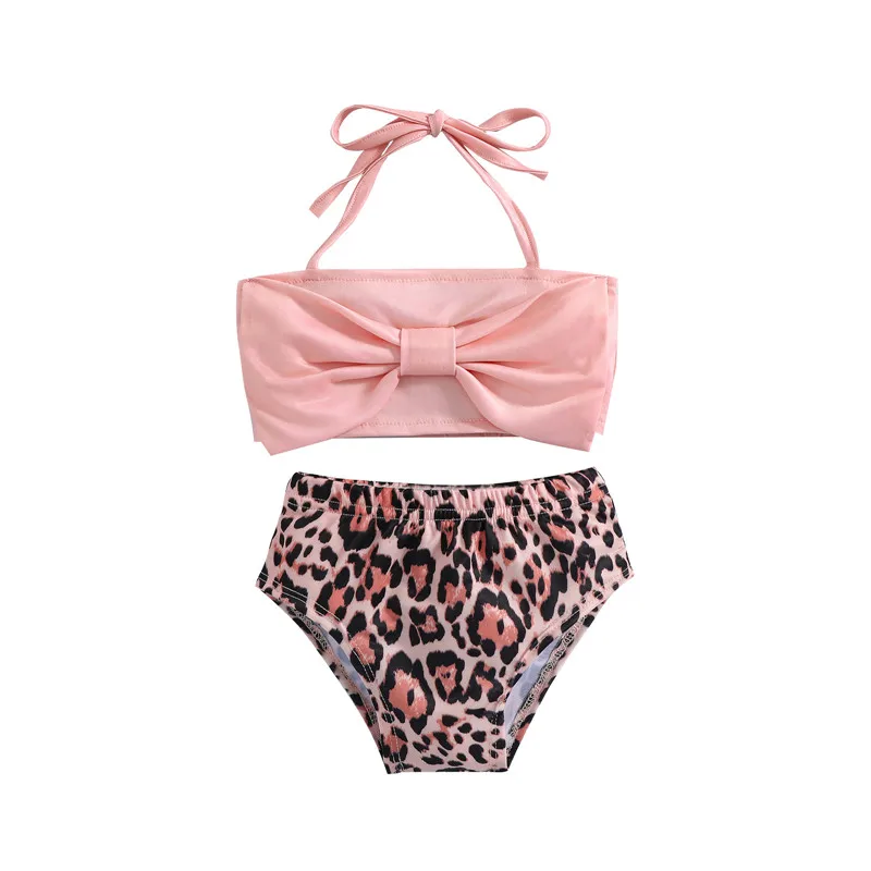 

Baby Girls Swimsuits Tankini 2PCS Summer Bow Halter Sling Straps Tops and Leopard Print Swimming Shorts Beachwear Kids 0-3 Years