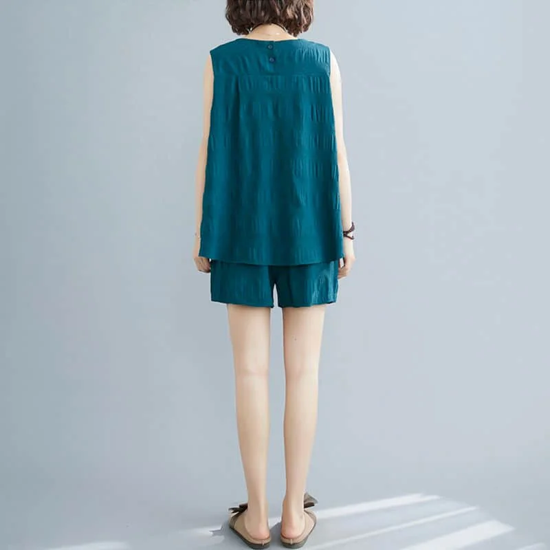 Однотонный комплект с шортами свободная футболка без рукавов круглым вырезом и