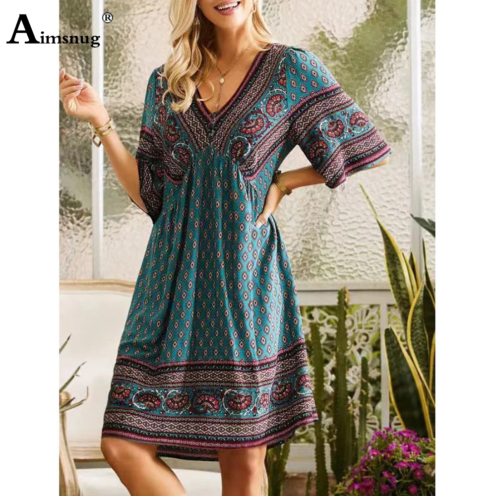 

2023 Summer Ladies Elegant Knee-Length Dress Half Sleeve Vintage Flower Print Dresses Oversized 5XL Women Bohemian Dress Femme
