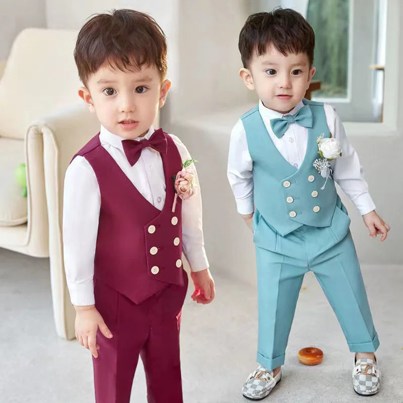 Set Boys Birthday Party Host Wedding Performance Costume Kids Waistcoat Pants Bowtie Clothes