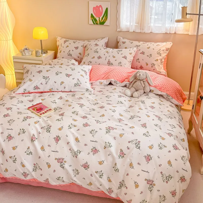 Autumn and Winter Cotton Beanie Velvet Quilt Cover Single Piece Thickened Fleece-lined Milk Coral S...