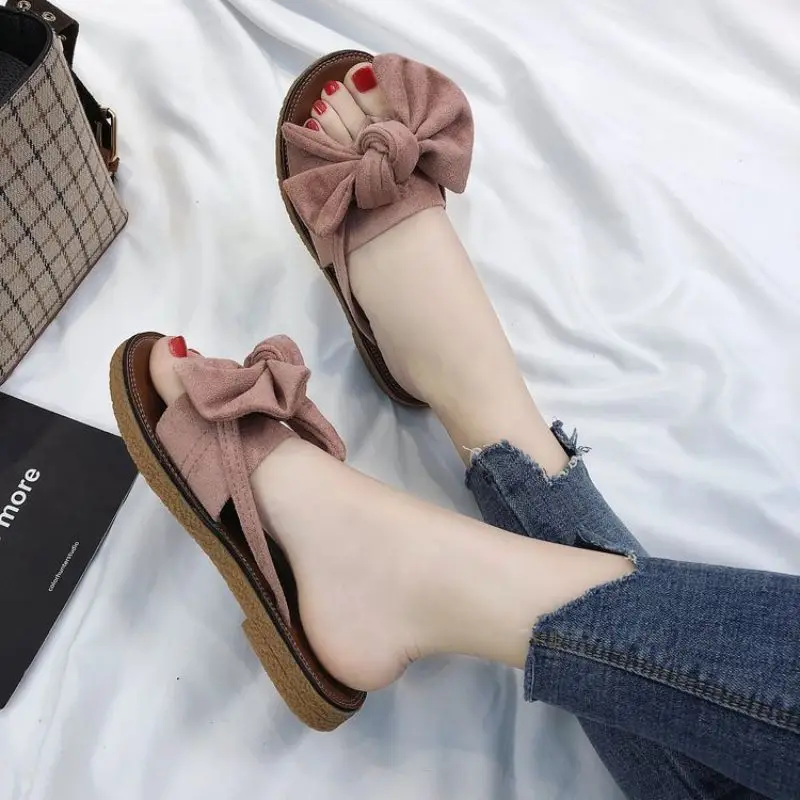 2023 New Women Summer Casual Slides Comfortable Flax Slippers Striped Bow Flip Flops Platform Sandals Ladies Indoor Shoes