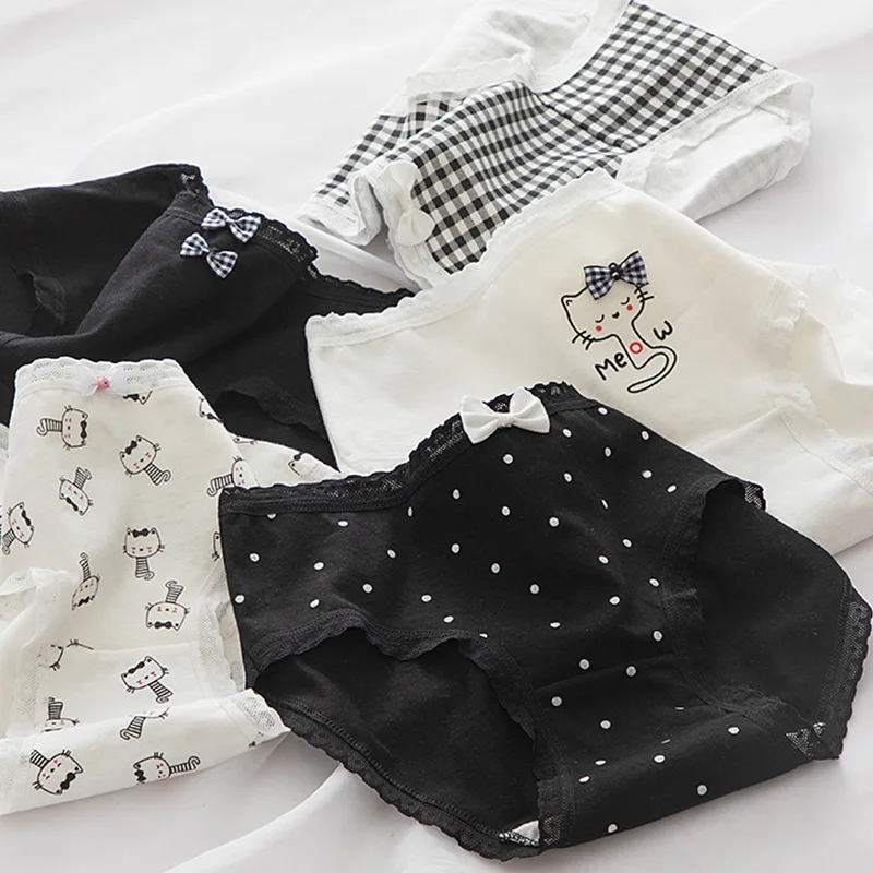 Japanese Simple Black and White Cat Print Cute Girl Underwear Ladies Cotton Crotch Bag Hip Mid Waist Student Briefs