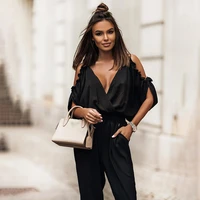 sexy deep v neck white casual jumpsuit women summer 2022 fashion lace up hollow short sleeve pencil pants fashion black playsuit