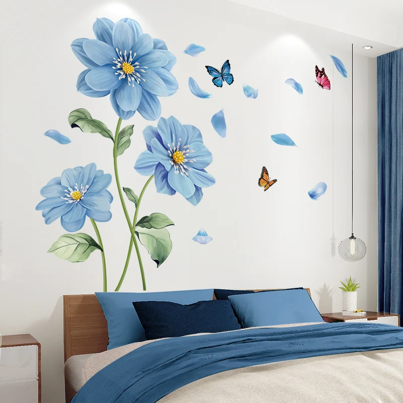 

[SHIJUEHEZI] Blue Flowers Plants Wall Stickers DIY Butterflies Wall Decals for Living Room Nursery Kitchen Home Decoration