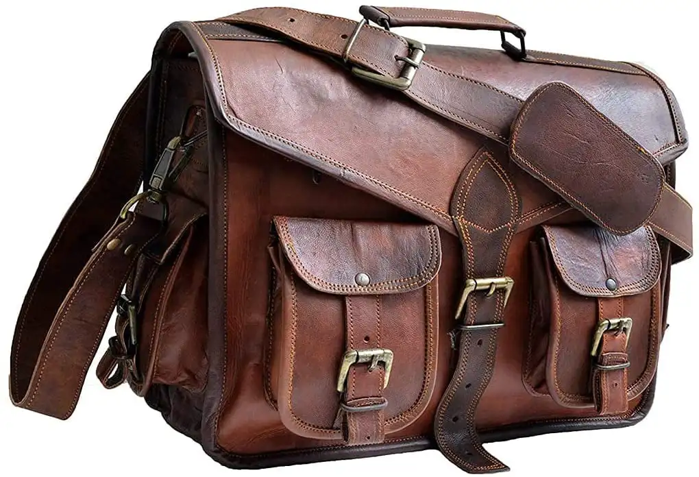 

15" leather messenger bag laptop case office briefcase gift for men computer distressed shoulder bag
