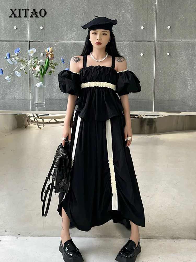 

XITAO Off Shoulder Two Piece Set Pullover Black Patchwork Top Elastic Waist Irregular Skirt 2023 Summer Minority Style WLD11334