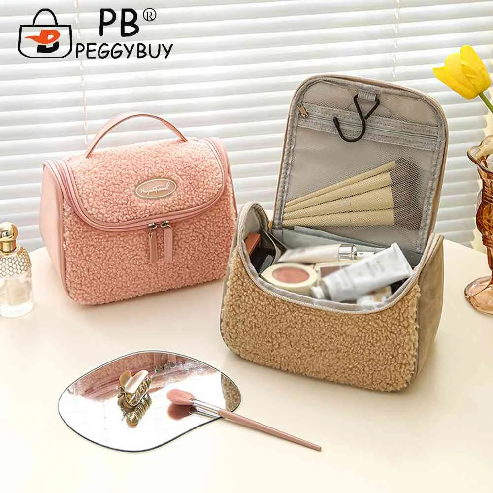 

Lamb Wool Cosmetic Bag Large Capacity Storage Bag Portable Simple Hanging Hook Casual Zipper Soft Cute for Camping Hiking