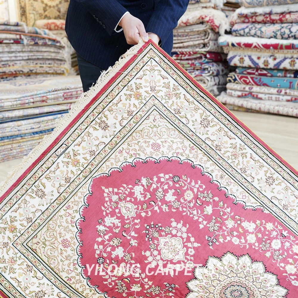 Шелковый коврик Тебриз 91x152 см красный турецкий Восточный ковер ручной работы с