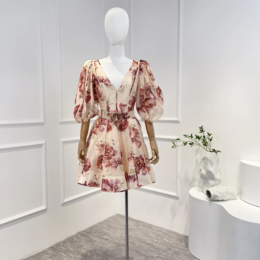 

Hot Sale 2023 Pink Floral Printing Linen Silk V-neck Mini Dress Women