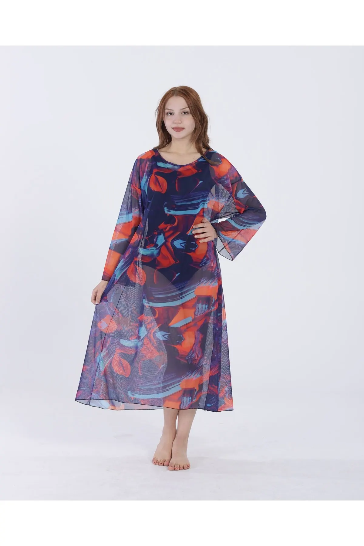 Women's Pareo Long Sleeve Beach Dress Batik Patterned Swimwear Cover Dress Sexy Tunic Suit Beachwear Female Beach Bikini Cover