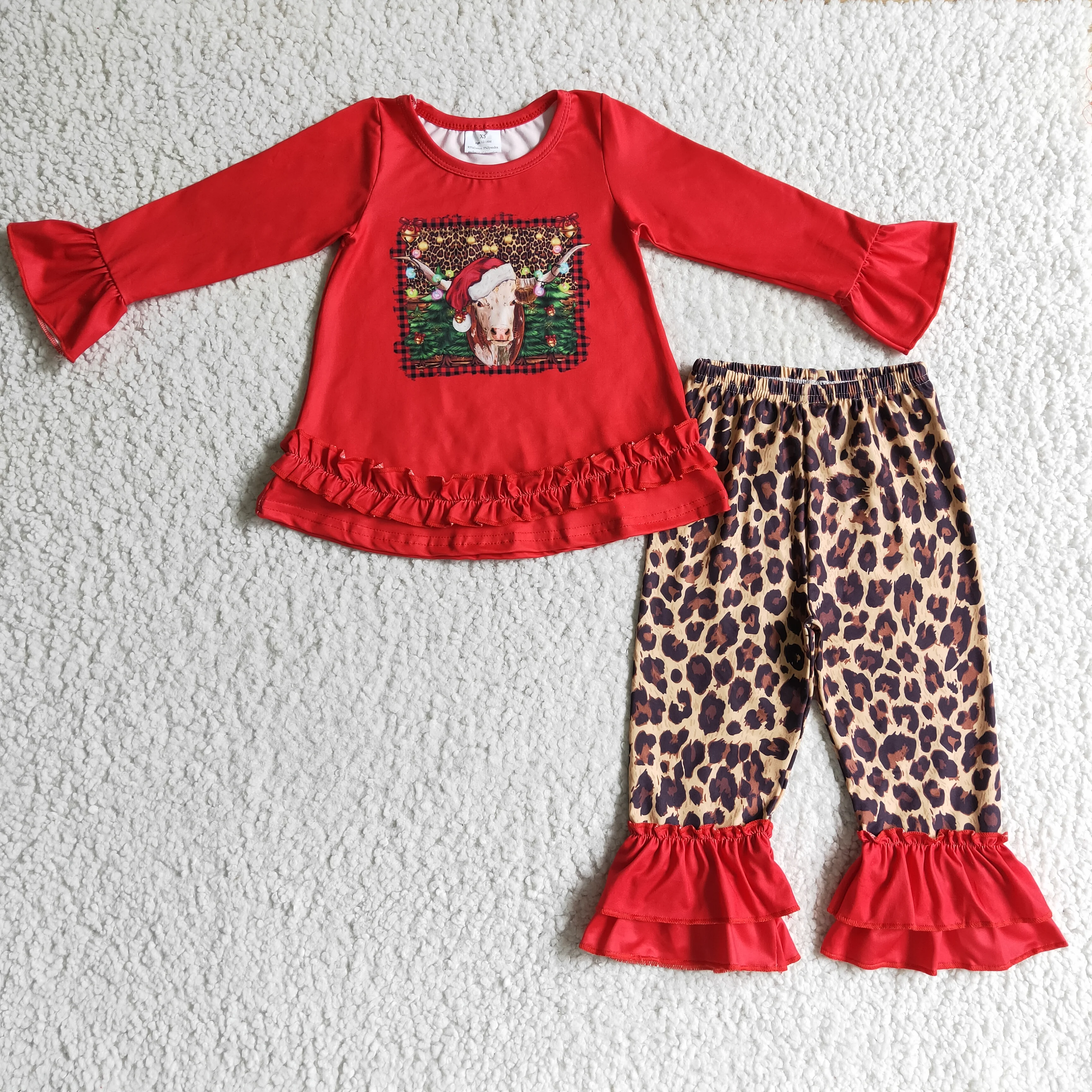 

red cow top Leopard bell suits girls Outfit Boutique Wholesale Baby kids Clothing fall winter Christmas sets Childrens's clothes