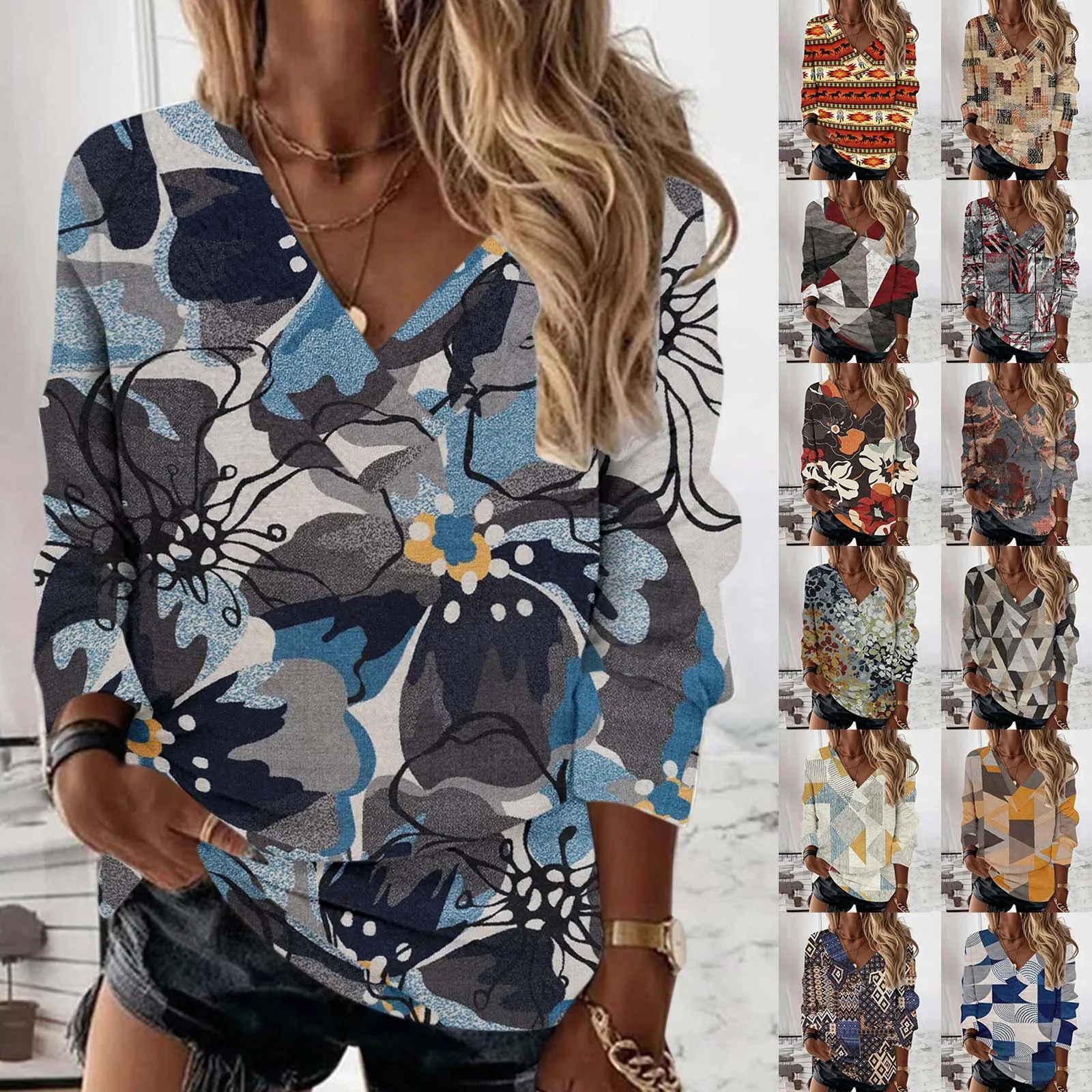 

Womens Vintage Retro Print V Neck Sweatshirt Fit Pullover Tops Casual Long Clothes Older Women Cotton Pullover Sweaters Women