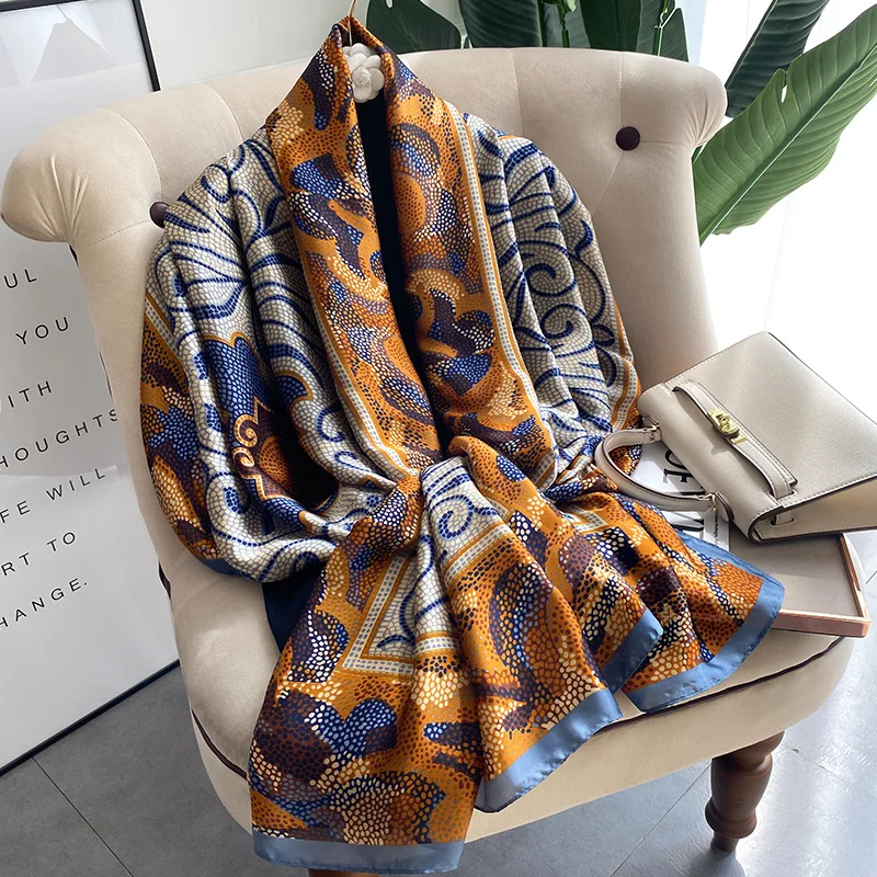 

Europe And America Luxury Bandannas Popular Style 180X90CM Shawls Fashion Satin Print Beach Towel Four Seasons Long Silk Scarves