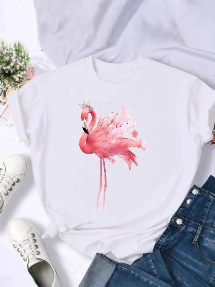 

Graphic Tee Top Casual Women Female Fashion Print Short Sleeve Tshirts Watercolor Flamingo Lovely Summer Cartoon T Shirt T-Shirt