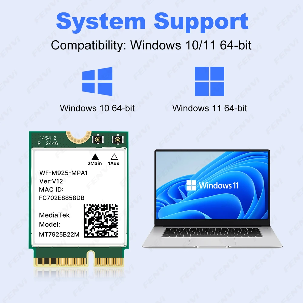Сетевая карта WiFi 7 MT7925 BE6500, трехдиапазонная, 2,4G5G6 ГГц, Bluetooth 5.4, 802.11BE, беспроводной адаптер M.2 NGFF для ПК AMD, Win 1011 (art.: 3920db3fdcf34) - 3920db3fdcf34